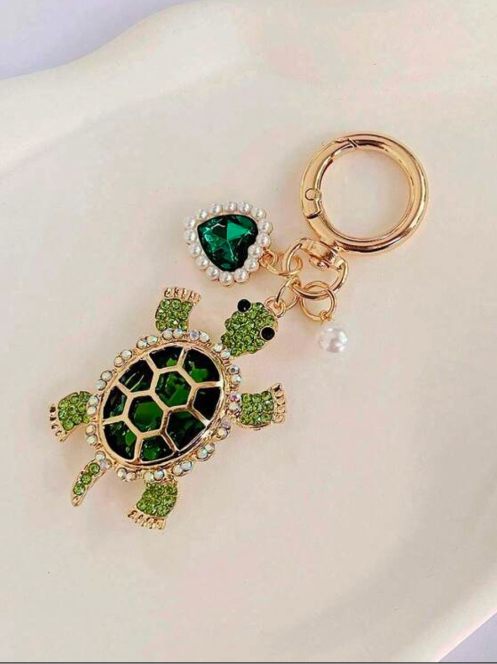 Gold Turtle Keychain Charm with Green Crystals